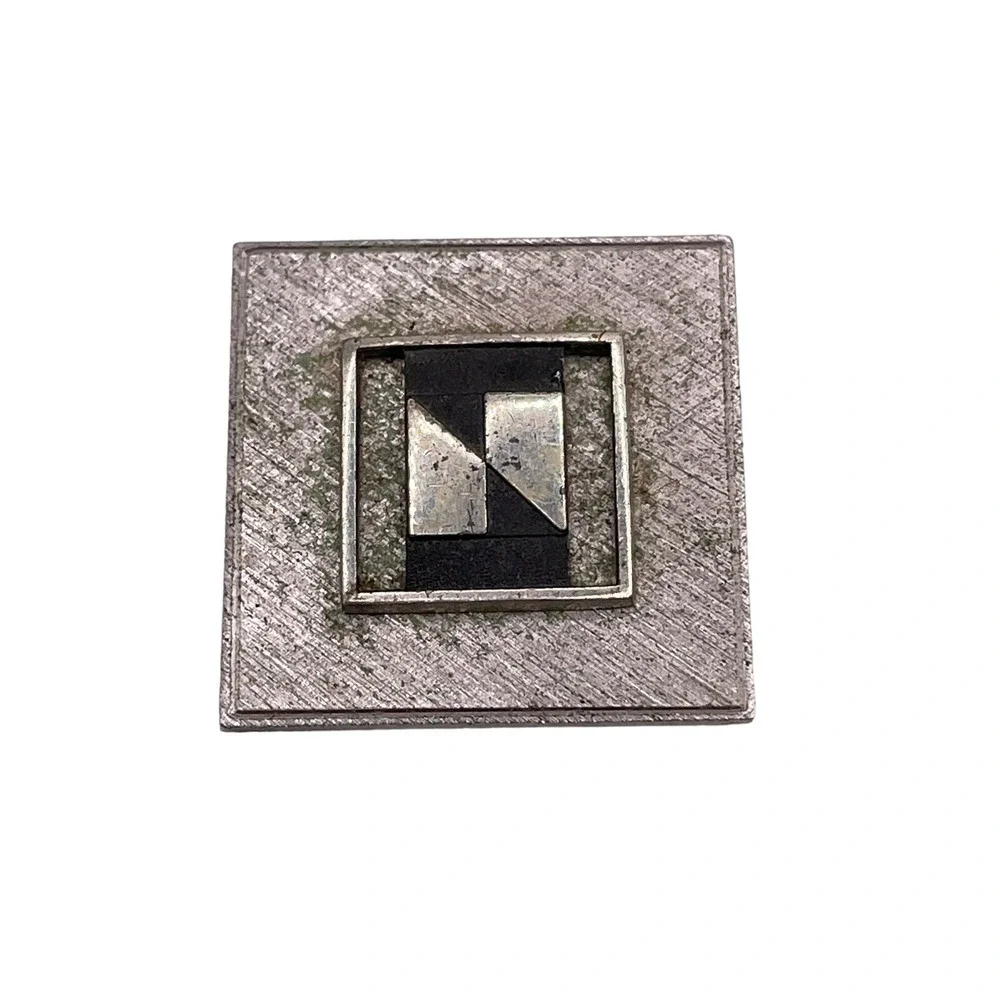 VTG Sterling Silver 925 Two Tone Black‎ Accent Brooch Pin Square Brushed Aged